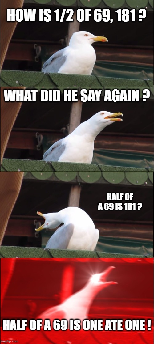 Inhaling Seagull | HOW IS 1/2 OF 69, 181 ? WHAT DID HE SAY AGAIN ? HALF OF A 69 IS 181 ? HALF OF A 69 IS ONE ATE ONE ! | image tagged in memes,inhaling seagull | made w/ Imgflip meme maker