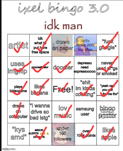 ixel bingo 3.0 : > | sorta, i guess. | image tagged in ixel bingo 3 0 | made w/ Imgflip meme maker