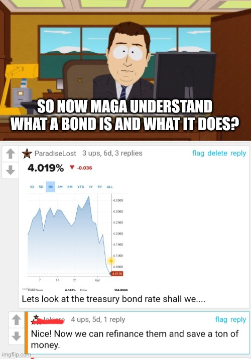 Bond dump!  Who knew?  Oh the adults who know. | SO NOW MAGA UNDERSTAND WHAT A BOND IS AND WHAT IT DOES? | image tagged in memes,aaaaand its gone | made w/ Imgflip meme maker