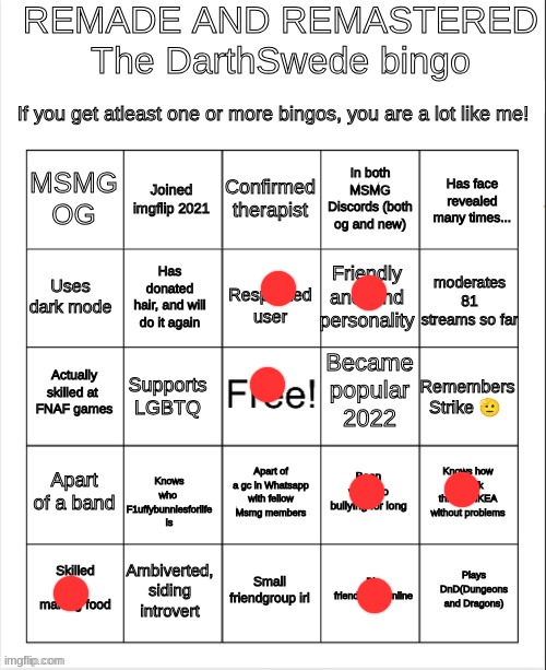 The DarthSwede bingo REMASTERED AND REMADE | image tagged in the darthswede bingo remastered and remade | made w/ Imgflip meme maker