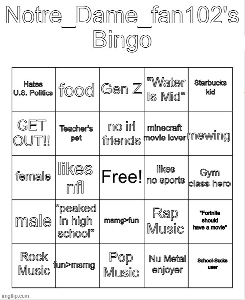 Notre_Dame_Fan102's Bingo | image tagged in notre_dame_fan102's bingo | made w/ Imgflip meme maker