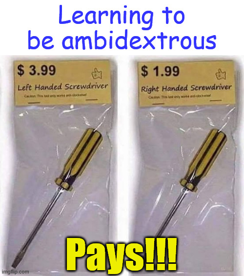 Saved me $2 by being ambidextrous!!!! | Learning to be ambidextrous; Pays!!! | image tagged in being ambidextrous,pays | made w/ Imgflip meme maker