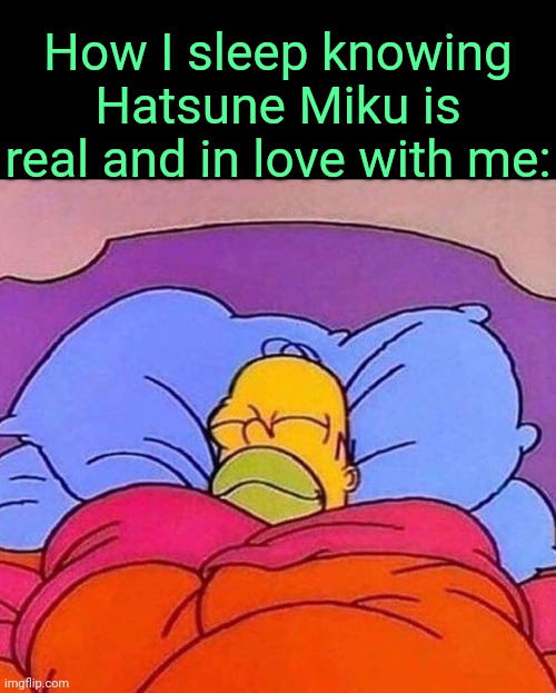 . | How I sleep knowing Hatsune Miku is real and in love with me: | image tagged in homer simpson sleeping peacefully | made w/ Imgflip meme maker