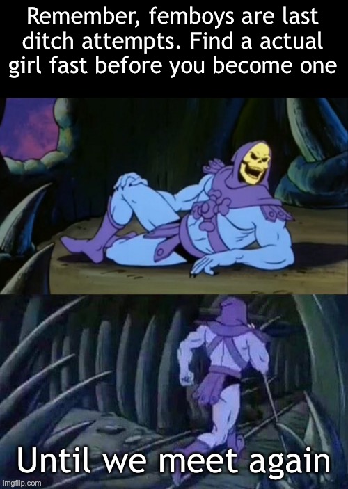 Skeletor disturbing facts | Remember, femboys are last ditch attempts. Find a actual girl fast before you become one; Until we meet again | image tagged in skeletor disturbing facts | made w/ Imgflip meme maker