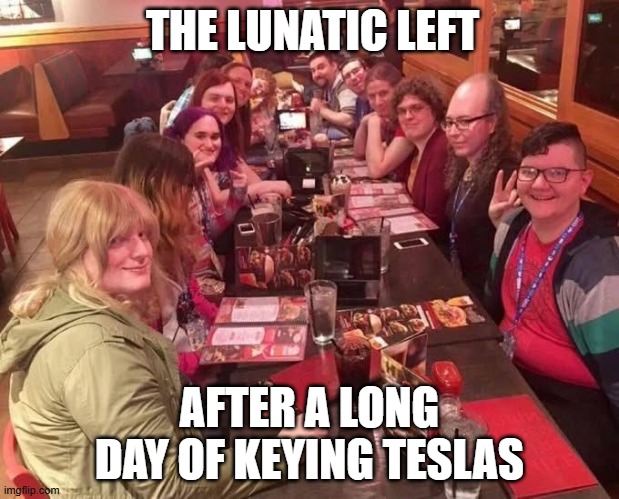 The Lunitic Left | THE LUNATIC LEFT; AFTER A LONG DAY OF KEYING TESLAS | image tagged in the lunitic left | made w/ Imgflip meme maker