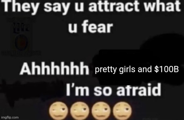 True | pretty girls and $100B | image tagged in they say you attract what you fear | made w/ Imgflip meme maker