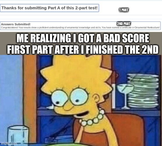 like oof for me | 1 PART


                                                                                         
 
2ND PART; ME REALIZING I GOT A BAD SCORE FIRST PART AFTER I FINISHED THE 2ND | image tagged in lisa simpson dinner | made w/ Imgflip meme maker
