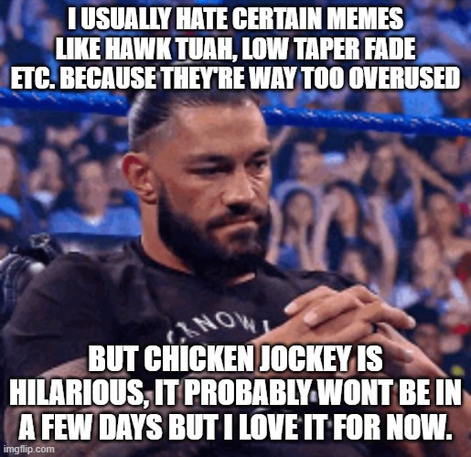 Roman Reigns disappointed | I USUALLY HATE CERTAIN MEMES LIKE HAWK TUAH, LOW TAPER FADE ETC. BECAUSE THEY'RE WAY TOO OVERUSED; BUT CHICKEN JOCKEY IS HILARIOUS, IT PROBABLY WONT BE IN A FEW DAYS BUT I LOVE IT FOR NOW. | image tagged in roman reigns disappointed | made w/ Imgflip meme maker