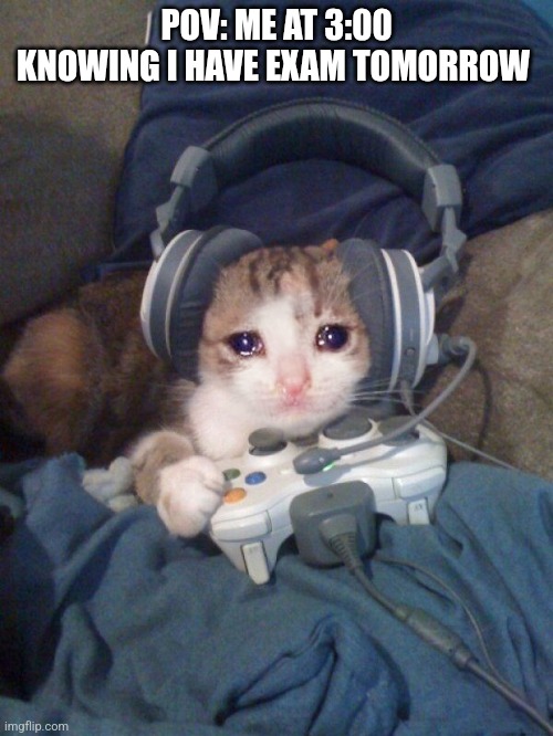 Sad Gamer cat with headphones crying while playing video games | POV: ME AT 3:00 KNOWING I HAVE EXAM TOMORROW | image tagged in sad gamer cat with headphones crying while playing video games | made w/ Imgflip meme maker