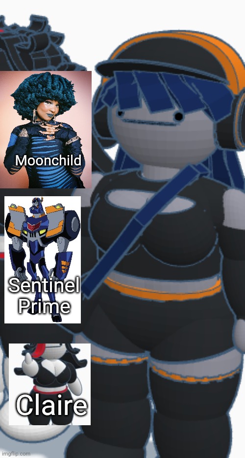 Things that inspired Laura's design | Moonchild; Sentinel Prime; Claire | made w/ Imgflip meme maker