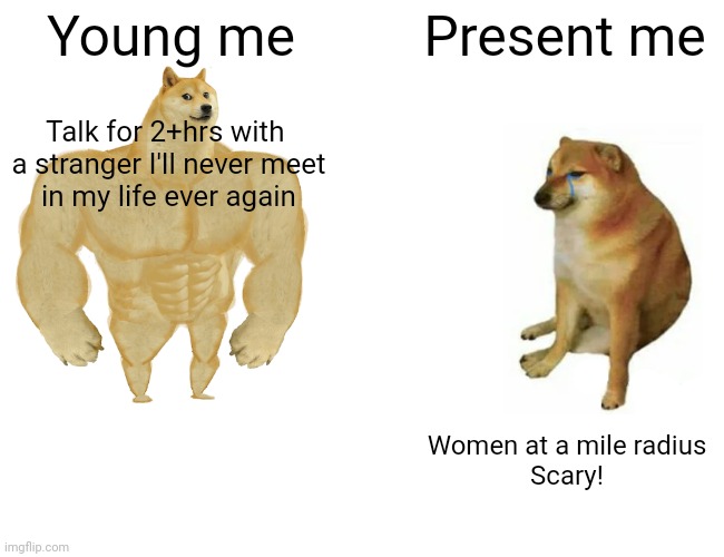 Buff Doge vs. Cheems | Young me; Present me; Talk for 2+hrs with 
a stranger I'll never meet
in my life ever again; Women at a mile radius
Scary! | image tagged in memes,buff doge vs cheems | made w/ Imgflip meme maker