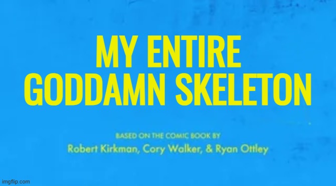 blank invincible title card | MY ENTIRE GODDAMN SKELETON | image tagged in blank invincible title card | made w/ Imgflip meme maker