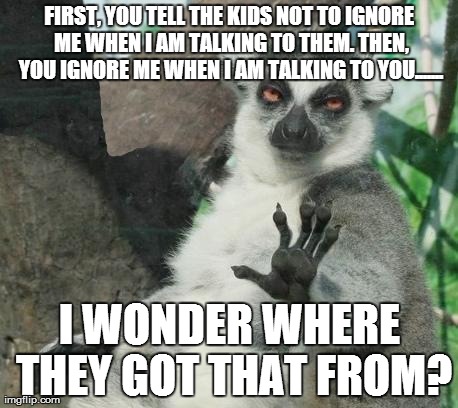 Stoner Lemur | FIRST, YOU TELL THE KIDS NOT TO IGNORE ME WHEN I AM TALKING TO THEM. THEN, YOU IGNORE ME WHEN I AM TALKING TO YOU....... I WONDER WHERE THEY | image tagged in memes,stoner lemur | made w/ Imgflip meme maker