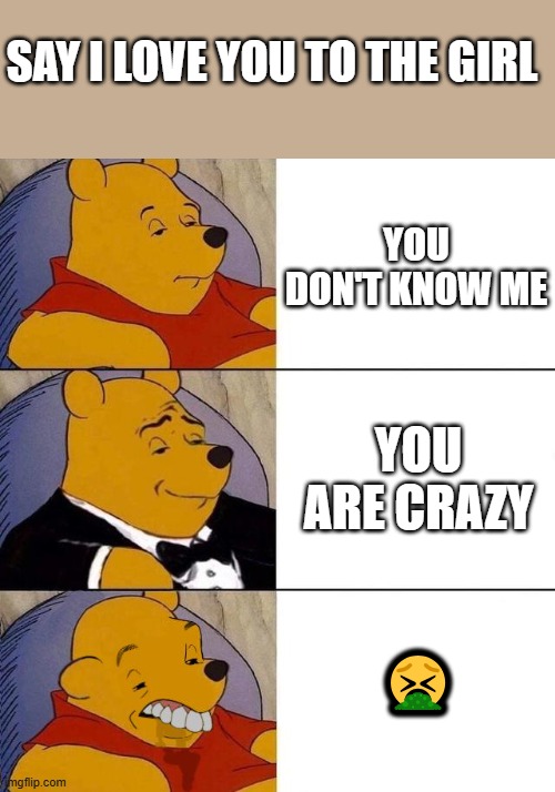 the third reaction occur more often | SAY I LOVE YOU TO THE GIRL; YOU DON'T KNOW ME; YOU ARE CRAZY; 🤮 | image tagged in best better blurst | made w/ Imgflip meme maker