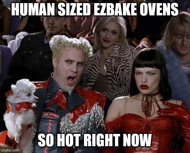 Mugatu So Hot Right Now Meme | HUMAN SIZED EZBAKE OVENS; SO HOT RIGHT NOW | image tagged in memes,mugatu so hot right now | made w/ Imgflip meme maker