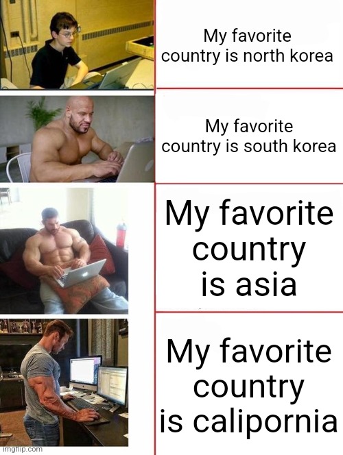 Buff dudes typing to nerdy kid | My favorite country is north korea; My favorite country is south korea; My favorite country is asia; My favorite country is calipornia | image tagged in buff dudes typing to nerdy kid | made w/ Imgflip meme maker