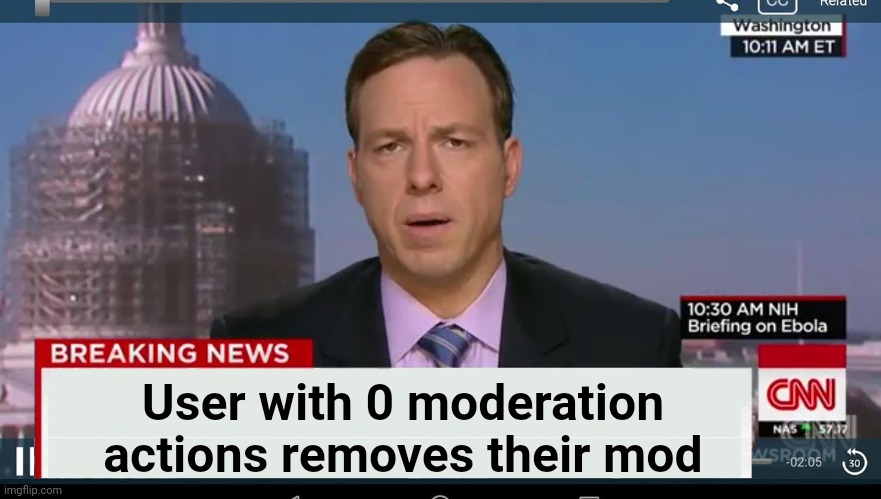 . | User with 0 moderation actions removes their mod | image tagged in cnn breaking news template | made w/ Imgflip meme maker