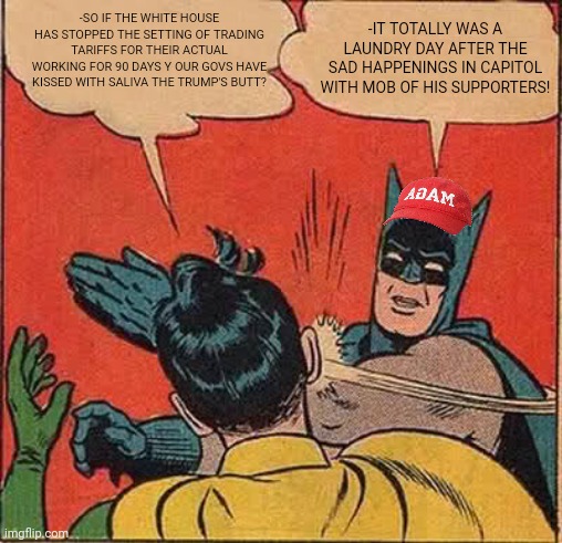 -The washing tone. | -SO IF THE WHITE HOUSE HAS STOPPED THE SETTING OF TRADING TARIFFS FOR THEIR ACTUAL WORKING FOR 90 DAYS Y OUR GOVS HAVE KISSED WITH SALIVA THE TRUMP'S BUTT? -IT TOTALLY WAS A LAUNDRY DAY AFTER THE SAD HAPPENINGS IN CAPITOL WITH MOB OF HIS SUPPORTERS! | image tagged in memes,batman slapping robin,dirty laundry,mob,kiss my ass,let's raise their taxes | made w/ Imgflip meme maker