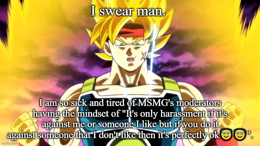 I swear man. I am so sick and tired of MSMG's moderators having the mindset of "It's only harassment if it's against me or someone I like but if you do it against someone that I don't like then it's perfectly ok😇😇". | made w/ Imgflip meme maker