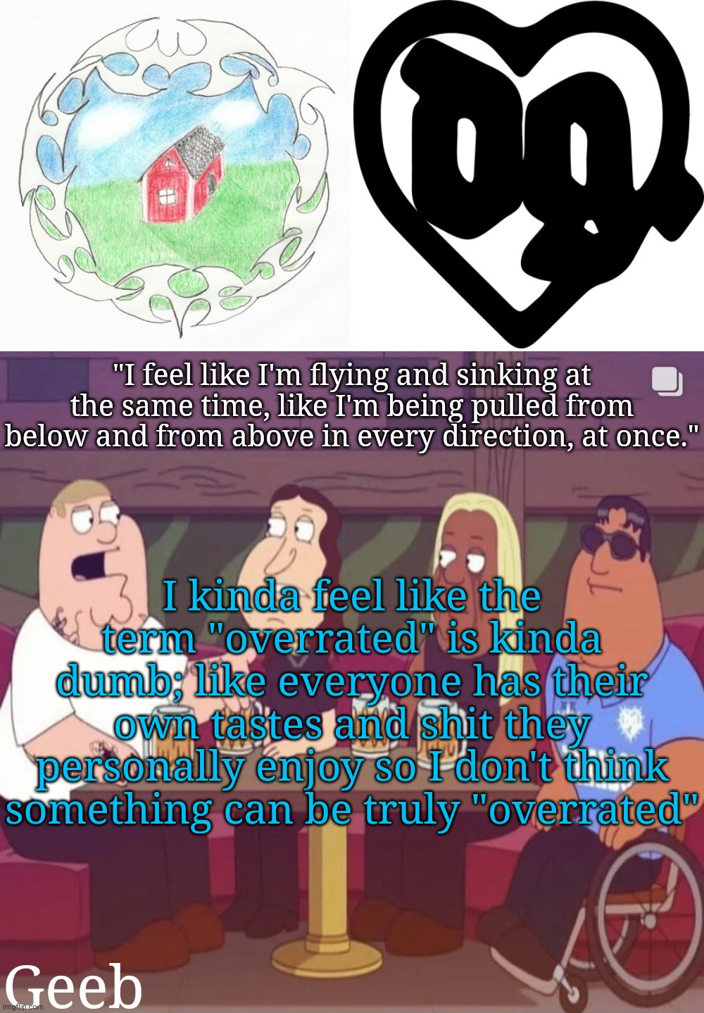 just kinda feels like a term made by contrarians to validate why they don't like something that's popular | I kinda feel like the term "overrated" is kinda dumb; like everyone has their own tastes and shit they personally enjoy so I don't think something can be truly "overrated" | image tagged in geeb's drain gang temp | made w/ Imgflip meme maker