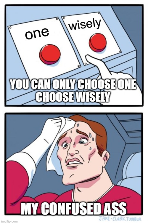 Two Buttons | wisely; one; YOU CAN ONLY CHOOSE ONE
CHOOSE WISELY; MY CONFUSED ASS | image tagged in memes,two buttons | made w/ Imgflip meme maker