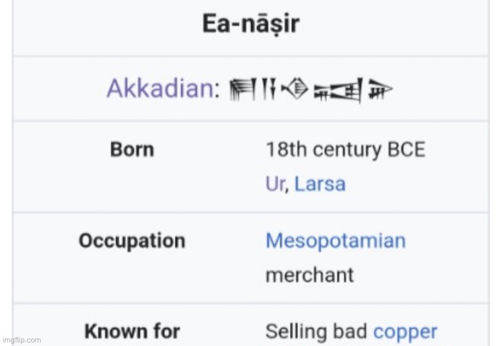 Imagine being known thousands of years from now for selling bad copper | made w/ Imgflip meme maker