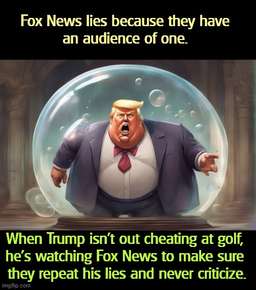 Trump inside the bubble of MAGA fantasy media like Fox, Newsmax. | Fox News lies because they have 
an audience of one. When Trump isn't out cheating at golf, 
he's watching Fox News to make sure 
they repeat his lies and never criticize. | image tagged in trump inside the bubble of maga fantasy media like fox newsmax,trump,cheat,fox news,lies,criticism | made w/ Imgflip meme maker