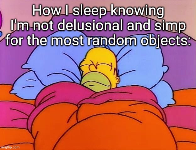 happy homer in bed | How I sleep knowing I'm not delusional and simp for the most random objects: | image tagged in happy homer in bed | made w/ Imgflip meme maker