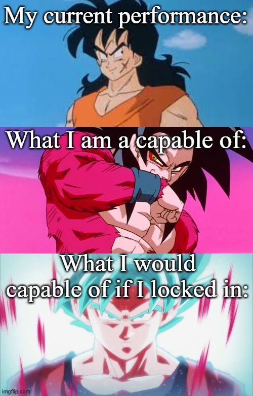 My current performance:; What I am a capable of:; What I would capable of if I locked in: | made w/ Imgflip meme maker