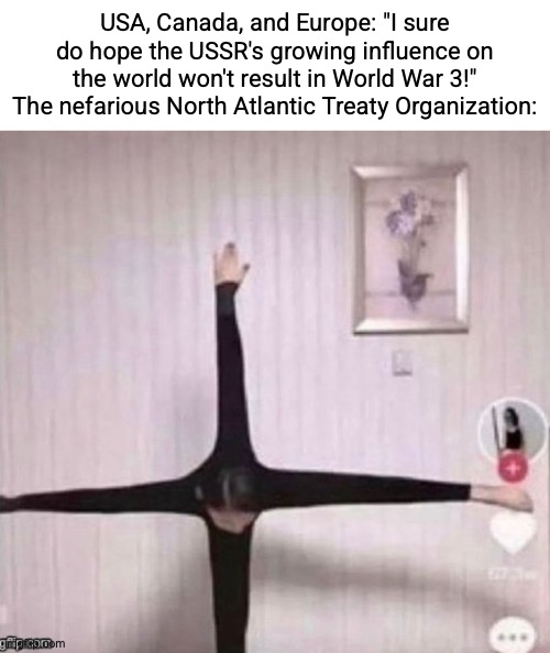 USA, Canada, and Europe: "I sure do hope the USSR's growing influence on the world won't result in World War 3!"
The nefarious North Atlantic Treaty Organization: | made w/ Imgflip meme maker