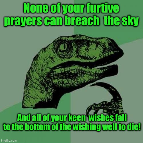 Philosoraptor | None of your furtive prayers can breach  the sky; And all of your keen  wishes fall to the bottom of the wishing well to die! | image tagged in memes,philosoraptor | made w/ Imgflip meme maker
