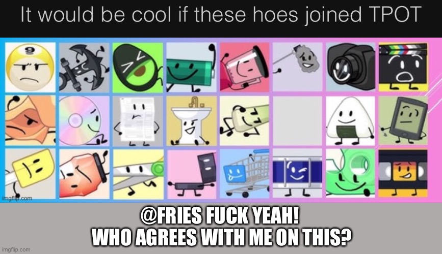 @FRIES FUCK YEAH!
 WHO AGREES WITH ME ON THIS? | image tagged in bfdi,tpot,fries,snowball,failed debuters | made w/ Imgflip meme maker