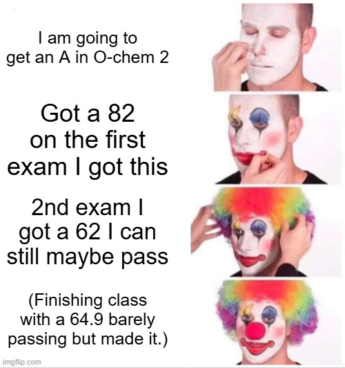 O-Chem 2 | I am going to get an A in O-chem 2; Got a 82 on the first exam I got this; 2nd exam I got a 62 I can still maybe pass; (Finishing class with a 64.9 barely passing but made it.) | image tagged in memes,clown applying makeup | made w/ Imgflip meme maker