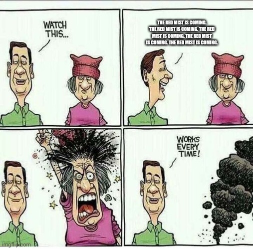Works Every Time | THE RED MIST IS COMING. THE RED MIST IS COMING. THE RED MIST IS COMING. THE RED MIST IS COMING. THE RED MIST IS COMING. | image tagged in works every time | made w/ Imgflip meme maker