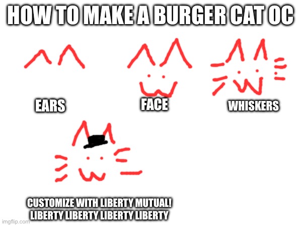 HOW TO MAKE A BURGER CAT OC; WHISKERS; EARS; FACE; CUSTOMIZE WITH LIBERTY MUTUAL! LIBERTY LIBERTY LIBERTY LIBERTY | made w/ Imgflip meme maker