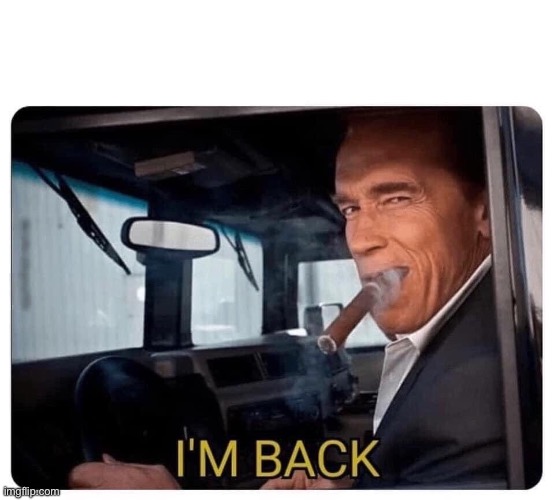 image tagged in arnold schwarzenegger i'm back | made w/ Imgflip meme maker