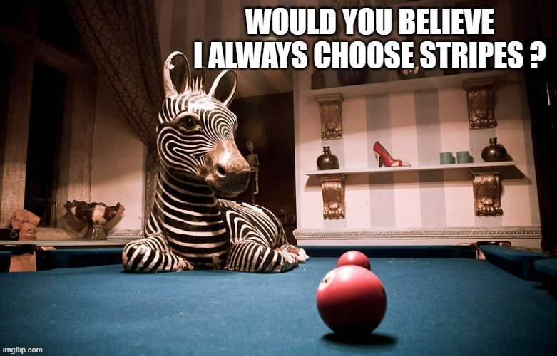 meme by Brad - The zebra always chooses stripes when playing billiards. | image tagged in sports,funny,zebra,pool,balls,humor | made w/ Imgflip meme maker