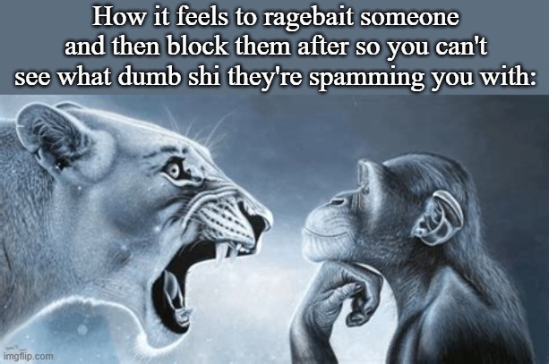 tiger yell at pondering monkey | How it feels to ragebait someone and then block them after so you can't see what dumb shi they're spamming you with: | image tagged in tiger yell at pondering monkey | made w/ Imgflip meme maker