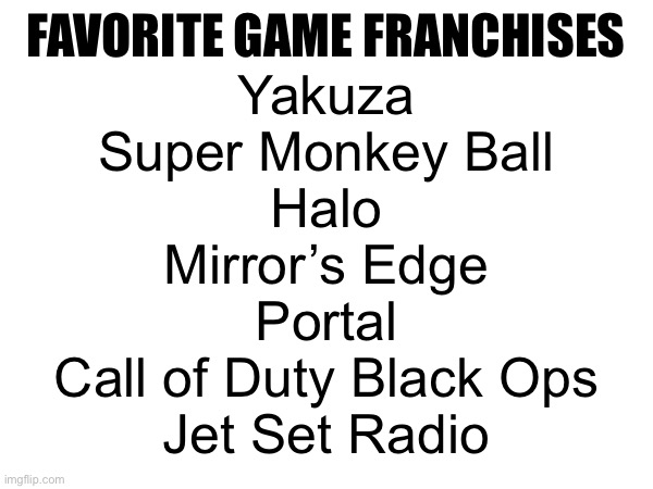My turn to yap | FAVORITE GAME FRANCHISES; Yakuza
Super Monkey Ball
Halo
Mirror’s Edge
Portal
Call of Duty Black Ops
Jet Set Radio | made w/ Imgflip meme maker
