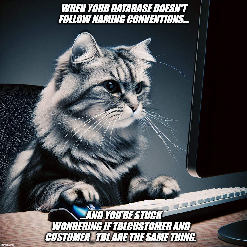 naming convention | WHEN YOUR DATABASE DOESN'T FOLLOW NAMING CONVENTIONS…; ...AND YOU’RE STUCK WONDERING IF TBLCUSTOMER AND CUSTOMER_TBL ARE THE SAME THING. | image tagged in memes | made w/ Imgflip meme maker