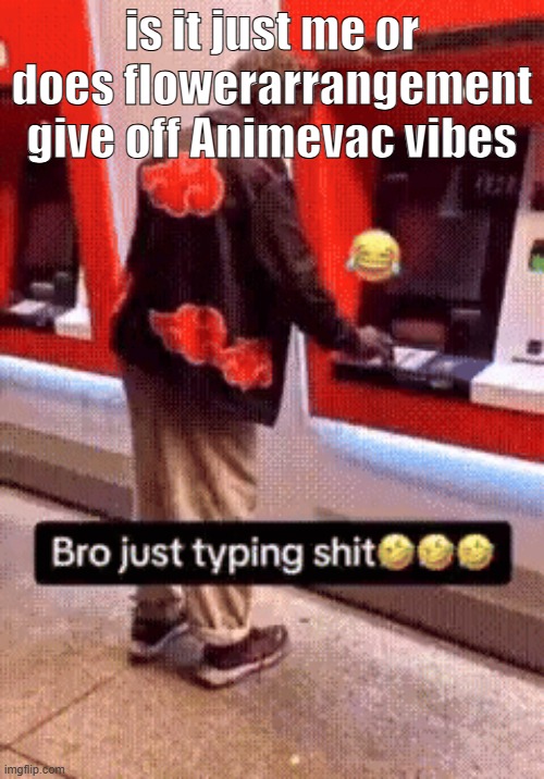 like that "oh you'll regret this" typa shit | is it just me or does flowerarrangement give off Animevac vibes | image tagged in bro just typing shit | made w/ Imgflip meme maker