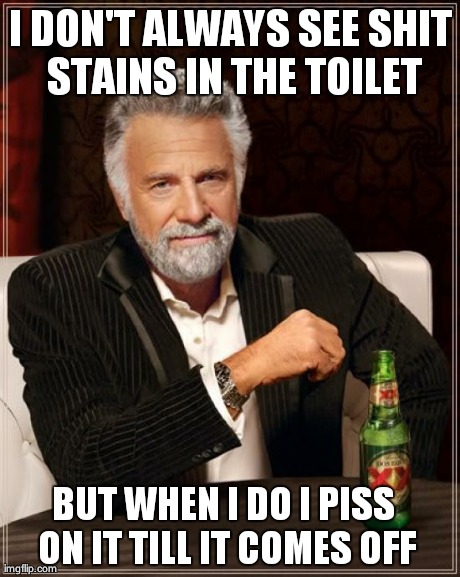The Most Interesting Man In The World | I DON'T ALWAYS SEE SHIT STAINS IN THE TOILET BUT WHEN I DO I PISS ON IT TILL IT COMES OFF | image tagged in memes,the most interesting man in the world,AdviceAnimals | made w/ Imgflip meme maker