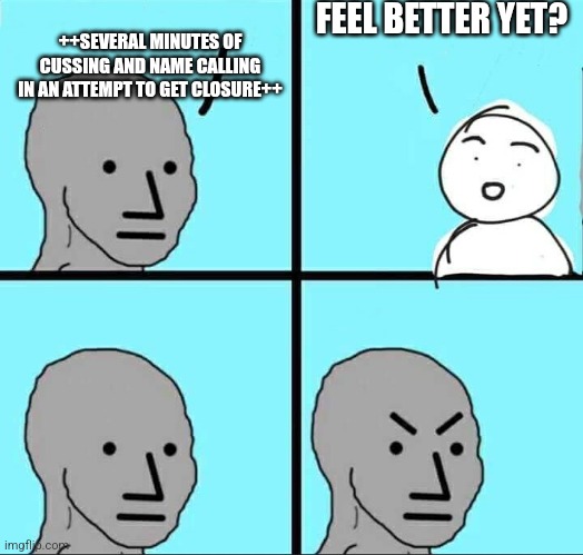 NPC Meme | FEEL BETTER YET? ++SEVERAL MINUTES OF CUSSING AND NAME CALLING IN AN ATTEMPT TO GET CLOSURE++ | image tagged in npc meme,yelling,angry | made w/ Imgflip meme maker