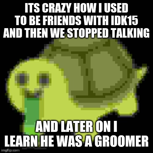 like how do you go from being chill to one of you was a groomer | ITS CRAZY HOW I USED TO BE FRIENDS WITH IDK15 AND THEN WE STOPPED TALKING; AND LATER ON I LEARN HE WAS A GROOMER | image tagged in low quality barfing turtle | made w/ Imgflip meme maker
