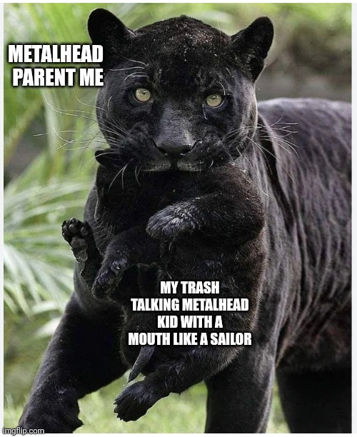 Metalhead Parent | METALHEAD PARENT ME; MY TRASH TALKING METALHEAD KID WITH A MOUTH LIKE A SAILOR | image tagged in panther team,parenting,my child will,big mouth,proud,discipline | made w/ Imgflip meme maker