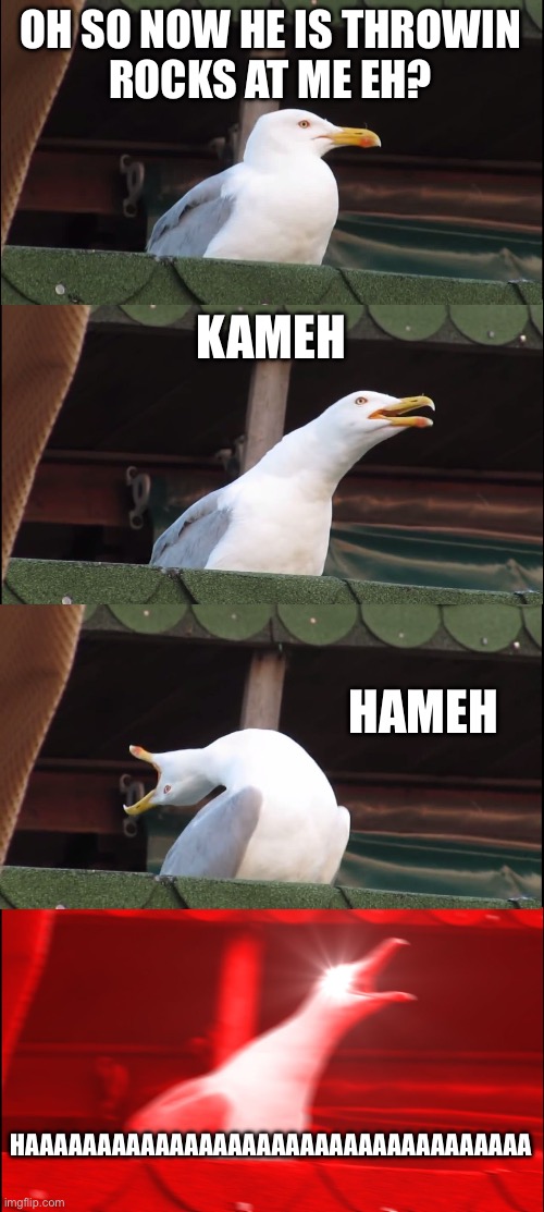 Inhaling Seagull | OH SO NOW HE IS THROWIN
ROCKS AT ME EH? KAMEH; HAMEH; HAAAAAAAAAAAAAAAAAAAAAAAAAAAAAAAAAAA | image tagged in memes,inhaling seagull | made w/ Imgflip meme maker