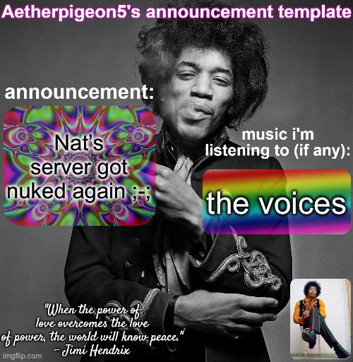 Aetherpigeon5's announcement template | Nat’s server got nuked again ;-;; the voices | image tagged in aetherpigeon5's announcement template | made w/ Imgflip meme maker