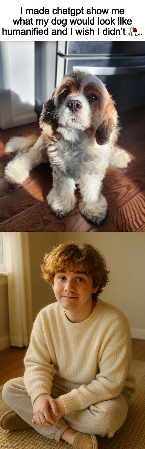 he looks like nick ..? | I made chatgpt show me what my dog would look like humanified and I wish I didn’t 🥀.. | made w/ Imgflip meme maker