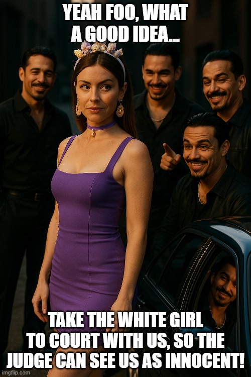Gang members and a white girl | YEAH FOO, WHAT A GOOD IDEA... TAKE THE WHITE GIRL TO COURT WITH US, SO THE JUDGE CAN SEE US AS INNOCENT! | image tagged in white privilege | made w/ Imgflip meme maker