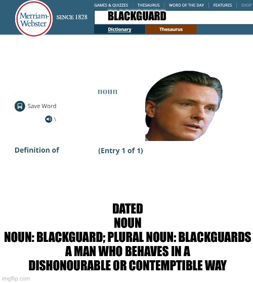 Webster's Dictionary | BLACKGUARD; DATED
NOUN
NOUN: BLACKGUARD; PLURAL NOUN: BLACKGUARDS
A MAN WHO BEHAVES IN A DISHONOURABLE OR CONTEMPTIBLE WAY | image tagged in webster's dictionary | made w/ Imgflip meme maker